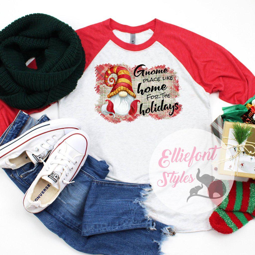Gnome Place Like Home For The Holidays Shirt Raglan Baseball Tee Shirt Christmas Holiday - Elliefont Styles