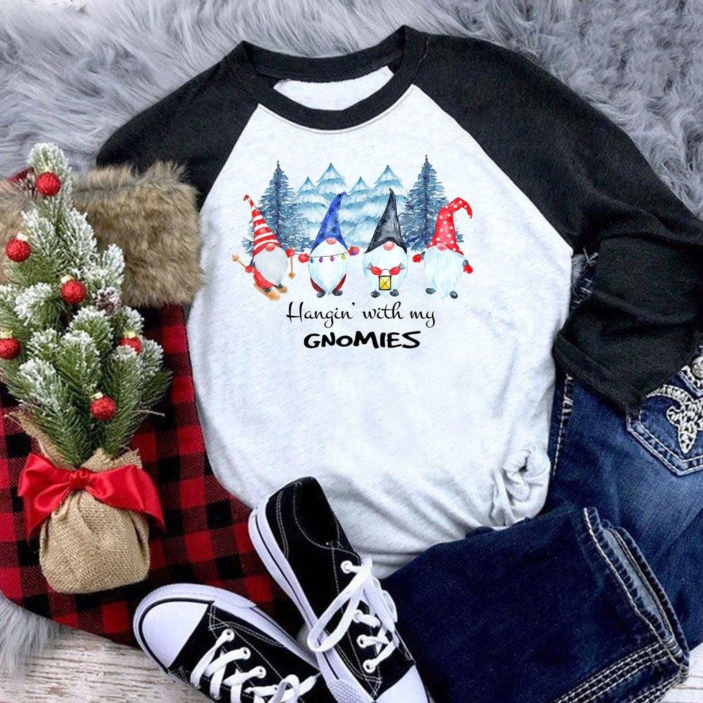 Hangin' with my gnomies Shirt Raglan Baseball Tee Shirt Christmas Holiday - Elliefont Styles