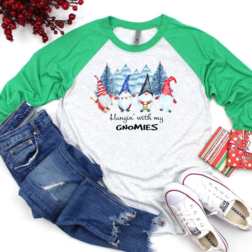 Hangin' with my gnomies Shirt Raglan Baseball Tee Shirt Christmas Holiday - Elliefont Styles