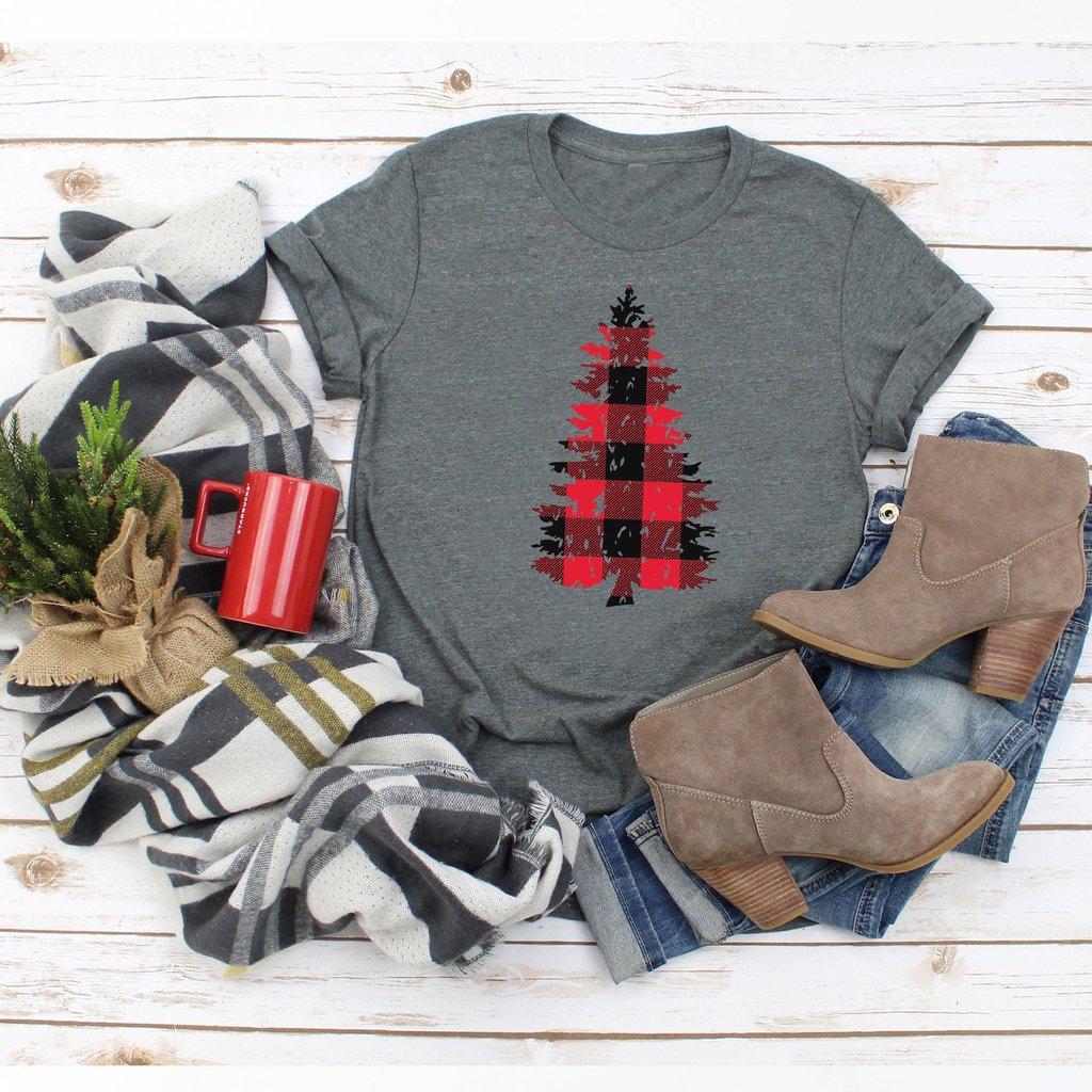 Buffalo Plaid Distressed Christmas Tree Shirt Grunge Style Cute Winter Christmas Shirt Holiday Tee - Elliefont Styles