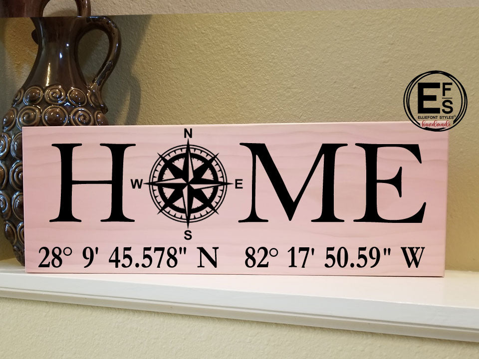 home coordinates wood sign with compass