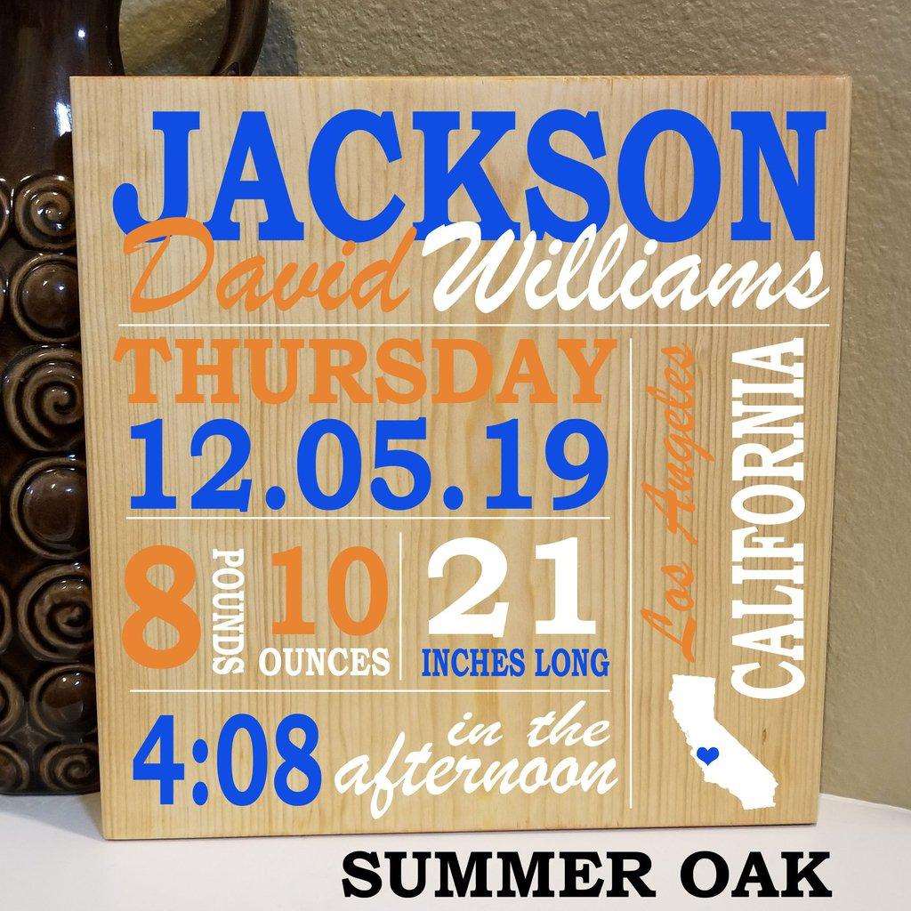 Wooden baby birth stats sign styled as a baby birth announcement keepsake