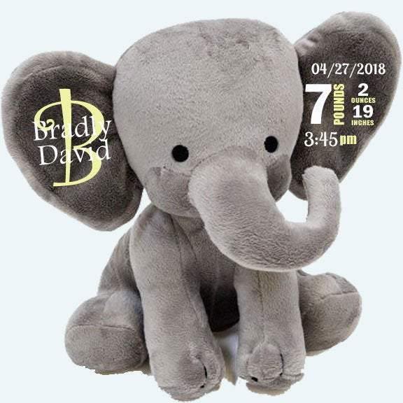 Personalized stuffed elephant packaged as a thoughtful baby shower gift