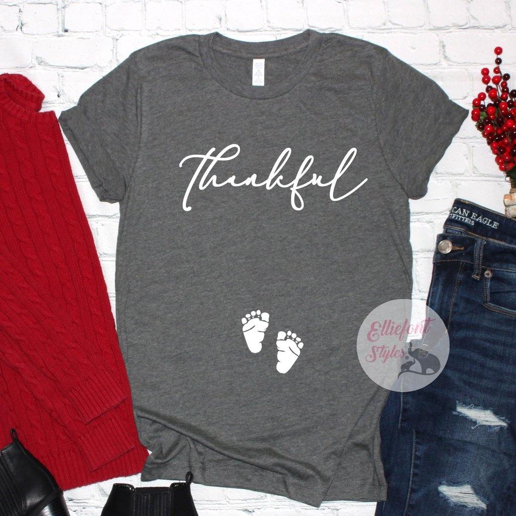 Maternity pregnancy announcement shirt with baby footprints and Thankful wording