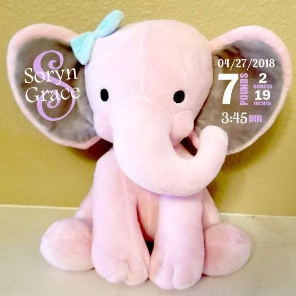 Pink stuffed elephant keepsake customized with name and baby details