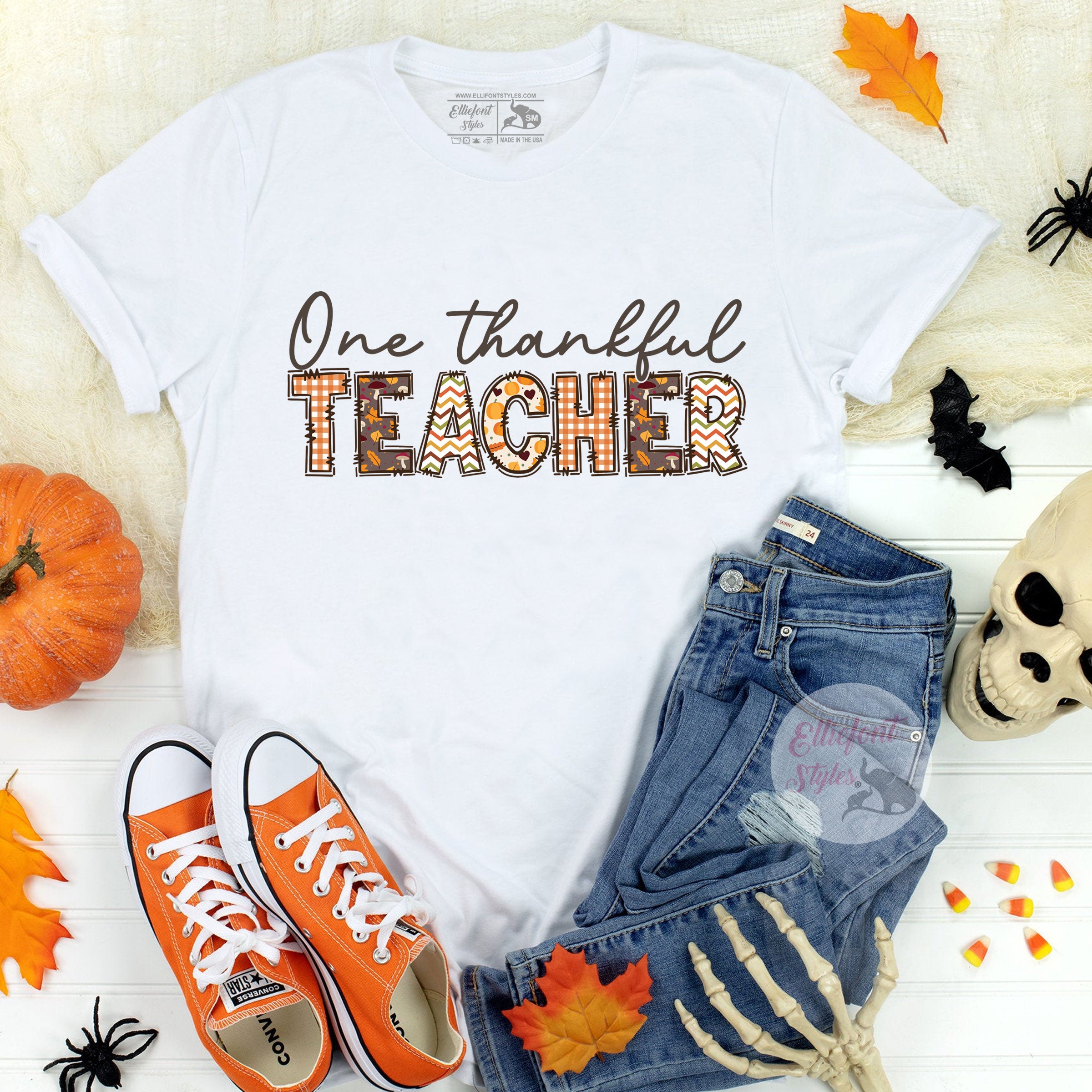 Cozy autumn teacher outfit featuring One Thankful Teacher shirt