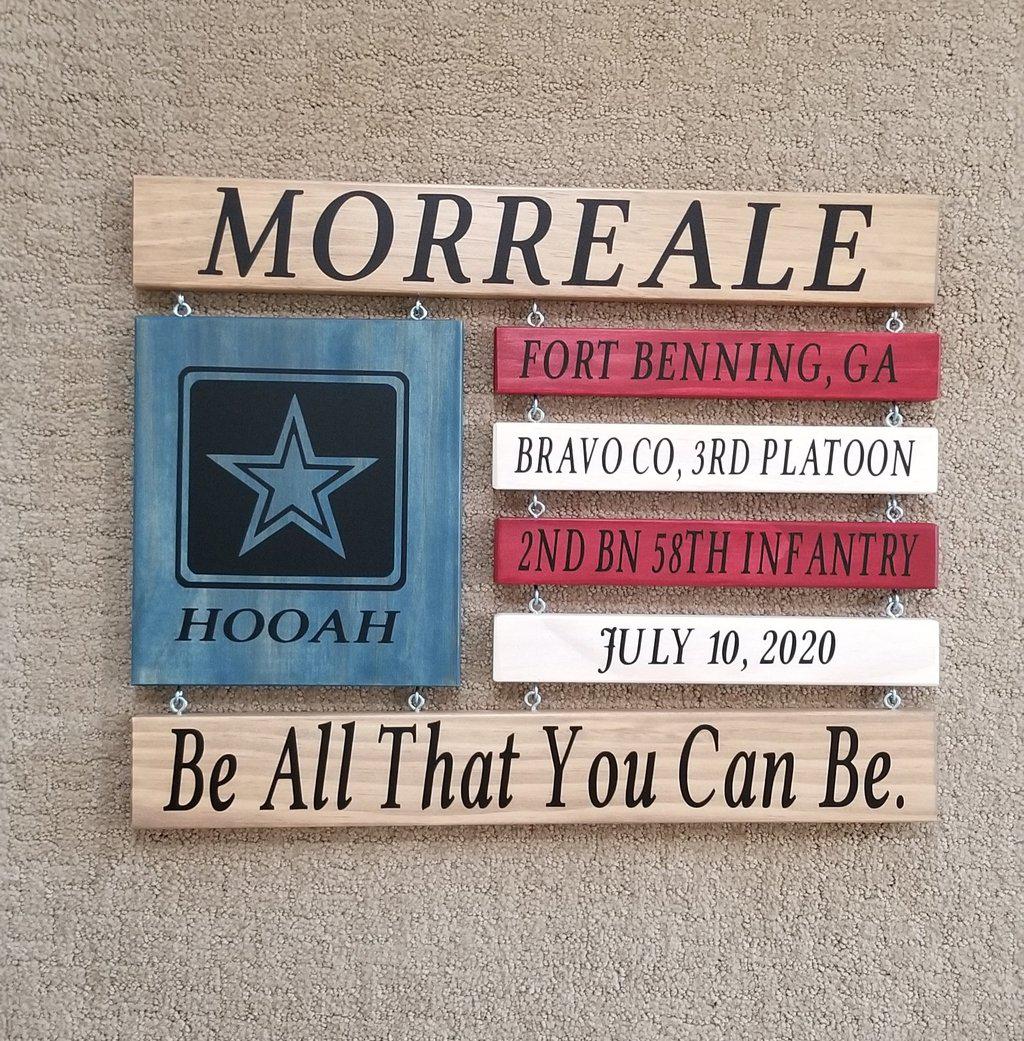 Custom wooden American flag Army sign personalized with Soldier’s name and graduation details