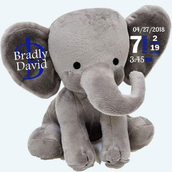 Custom gray elephant plush showing baby name on right ear and stats on left ear