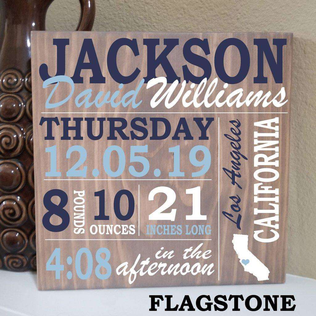 Custom engraved wooden baby birth stats sign personalized with newborn details