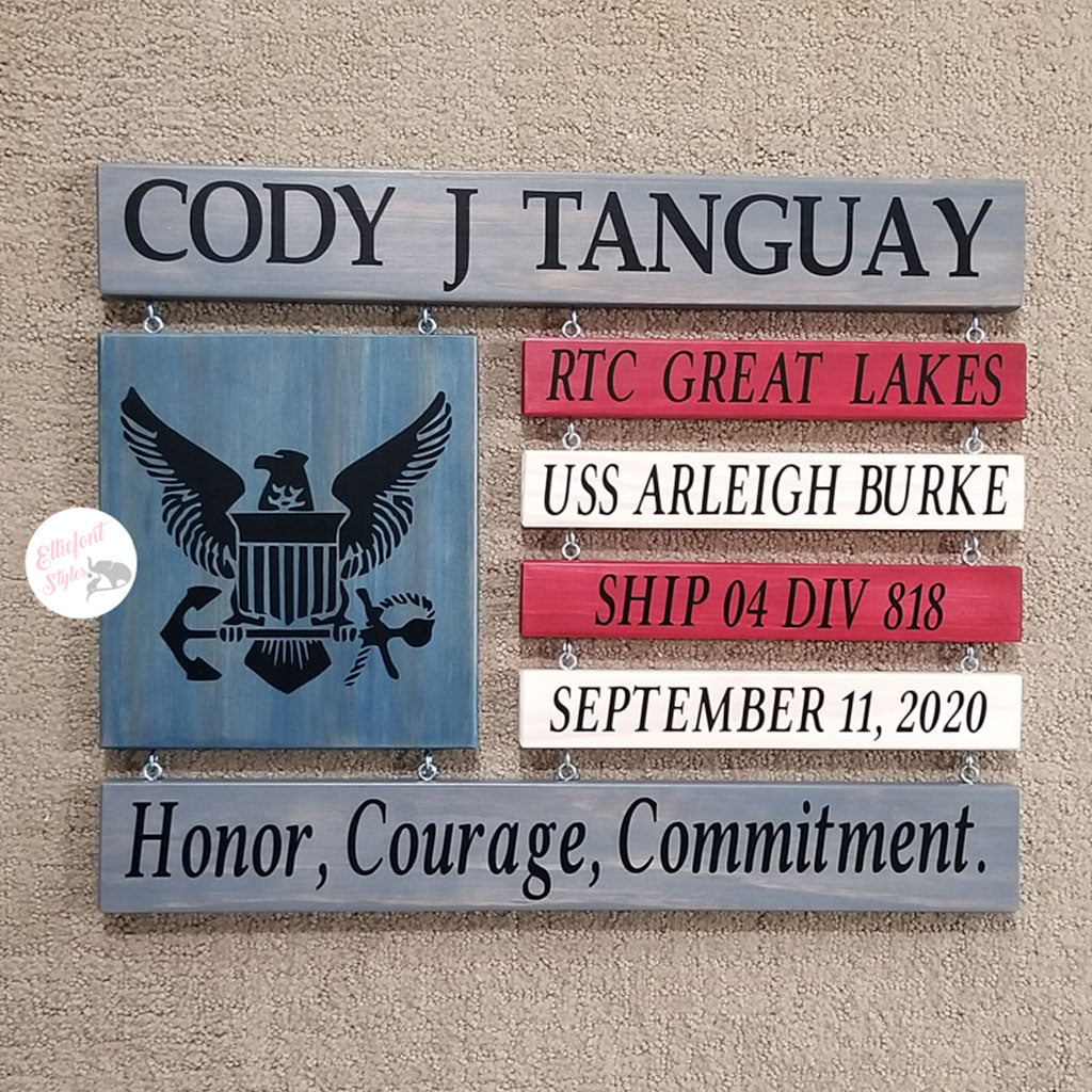 Custom wooden American flag Navy sign personalized with Sailor’s name and graduation details