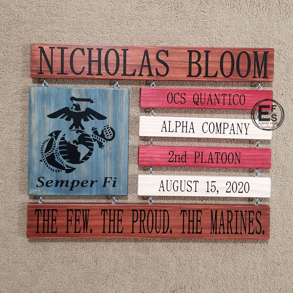 Custom wooden American flag sign personalized with Marine’s name and boot camp details