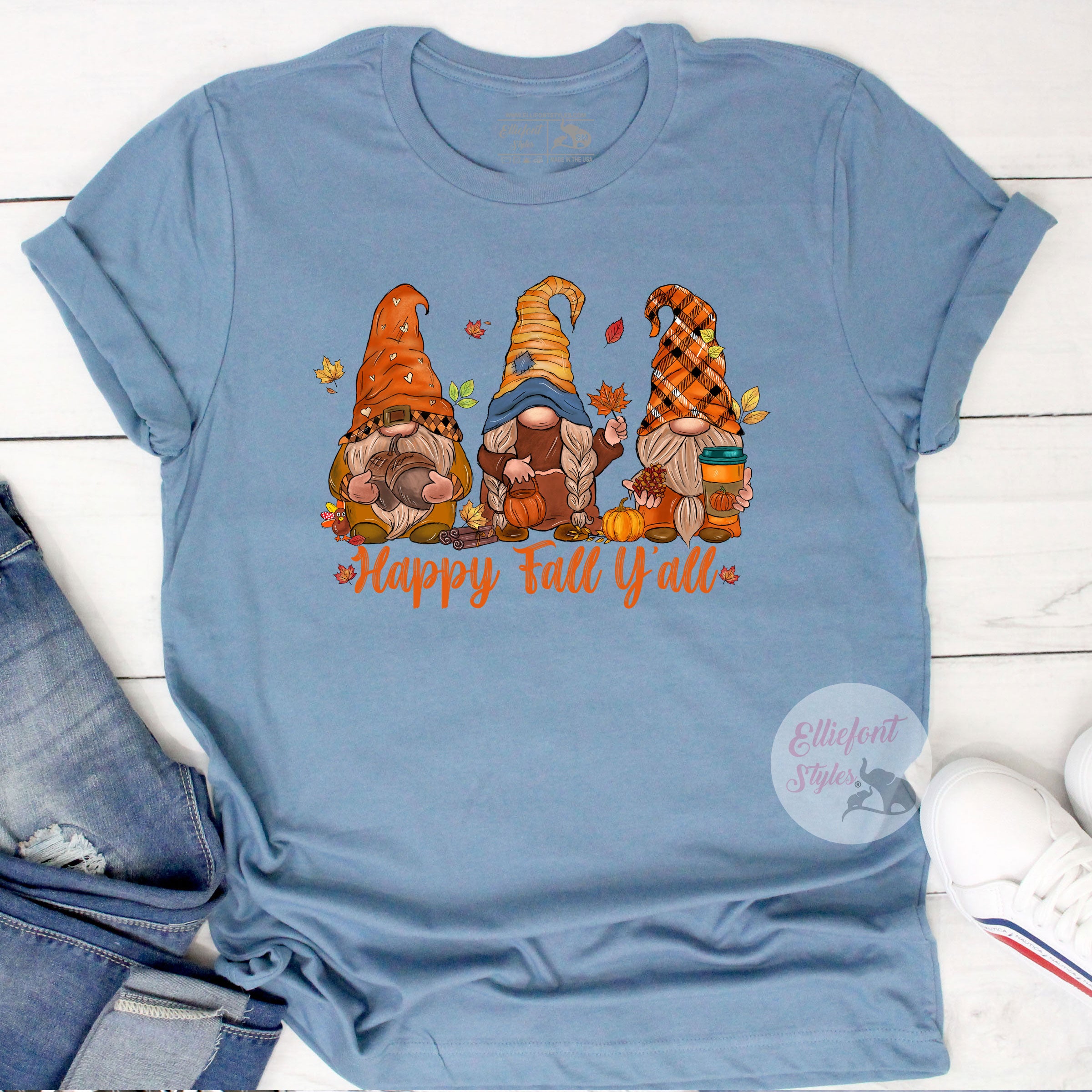 Cute autumn gnome graphic tee for women perfect for fall season