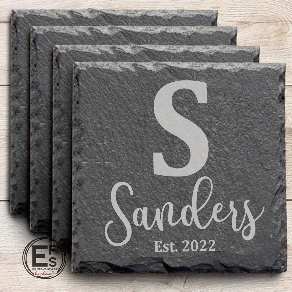 Engraved anniversary keepsake slate coasters personalized with monogram initial and last name