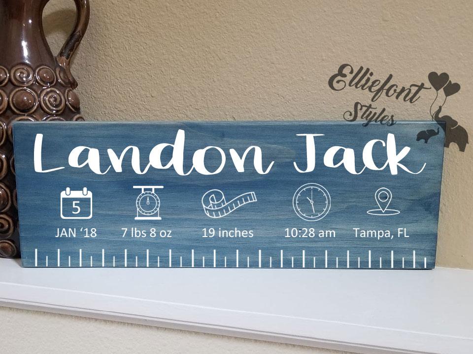 Engraved wooden birth ruler sign personalized with baby’s details