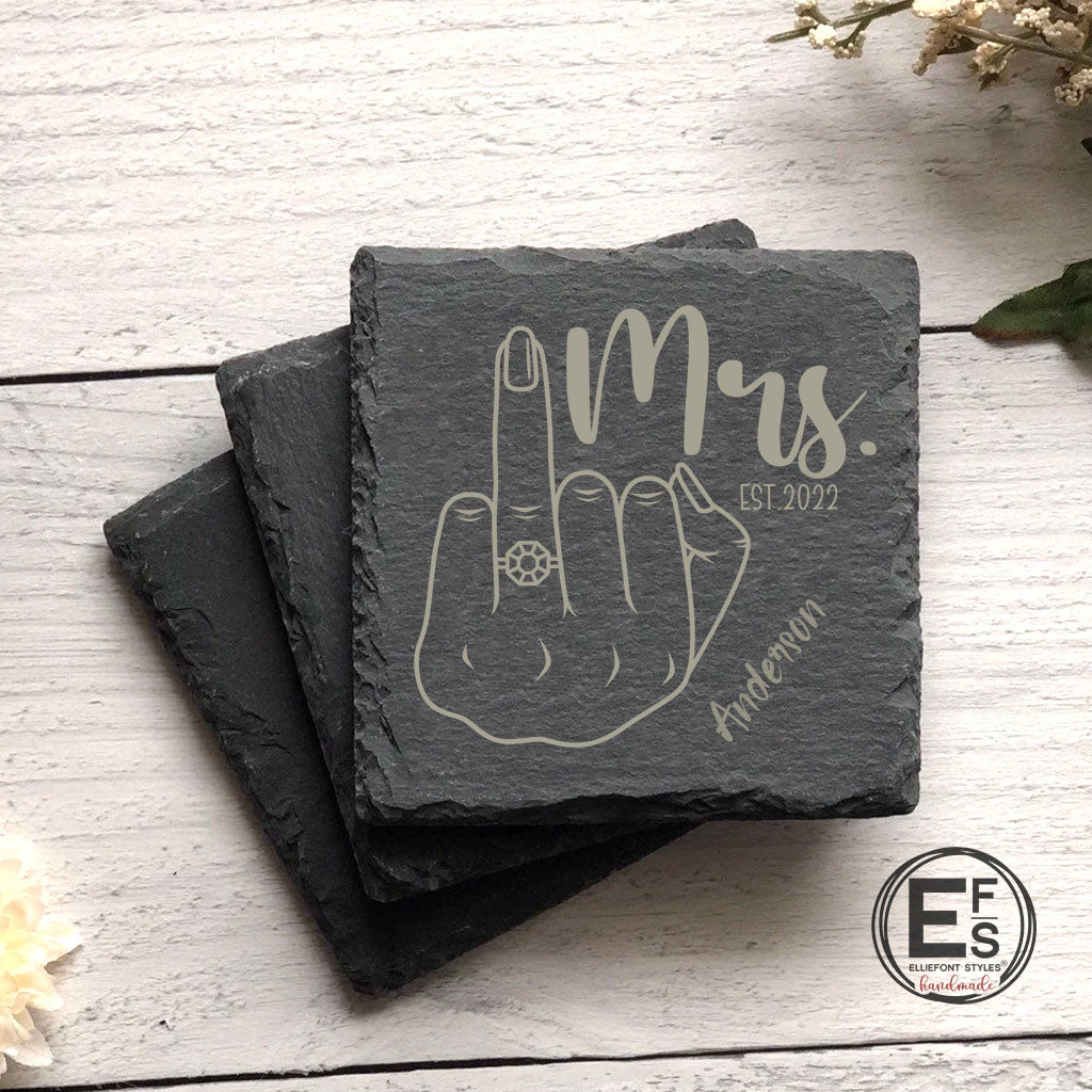 Engraved wedding gift slate coaster set personalized with MR & MRS and last name for couples