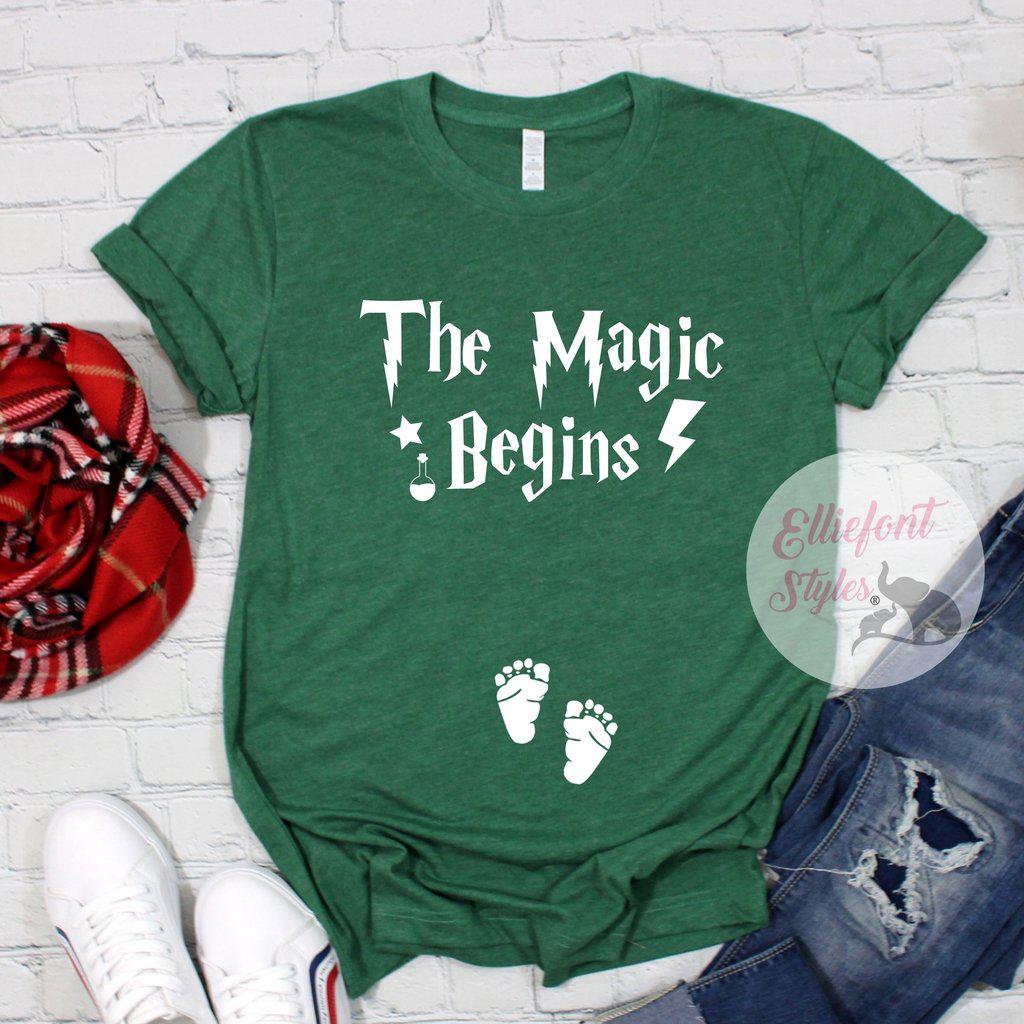 Expecting mom wizard pregnancy reveal shirt with footprints design