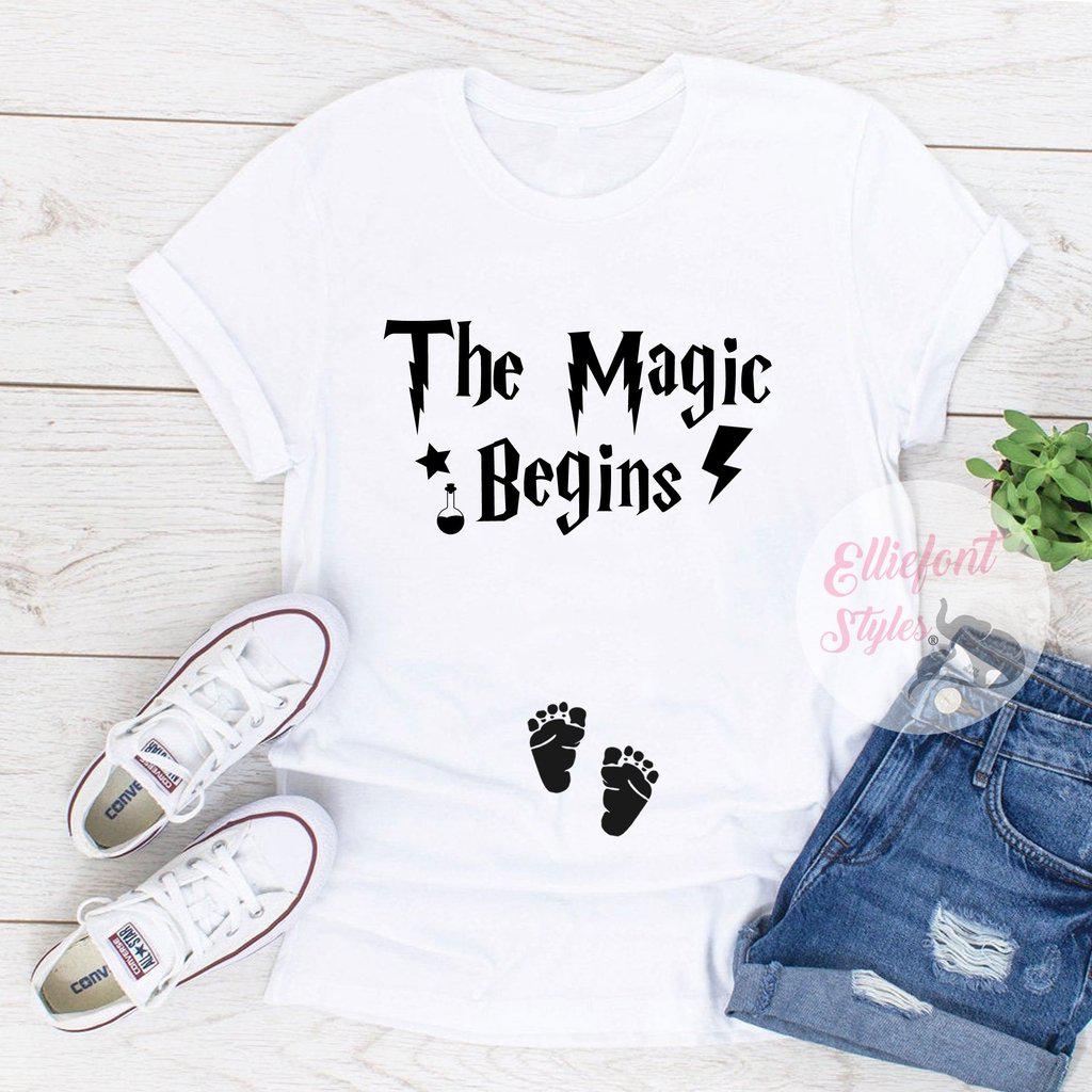 Fandom inspired pregnancy announcement shirt with wizard baby theme