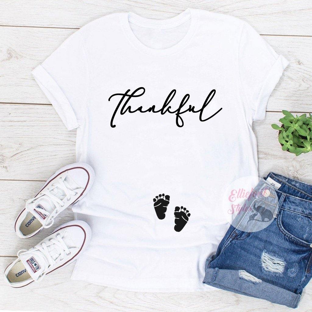 Grateful and thankful pregnancy reveal shirt for women with baby footprints