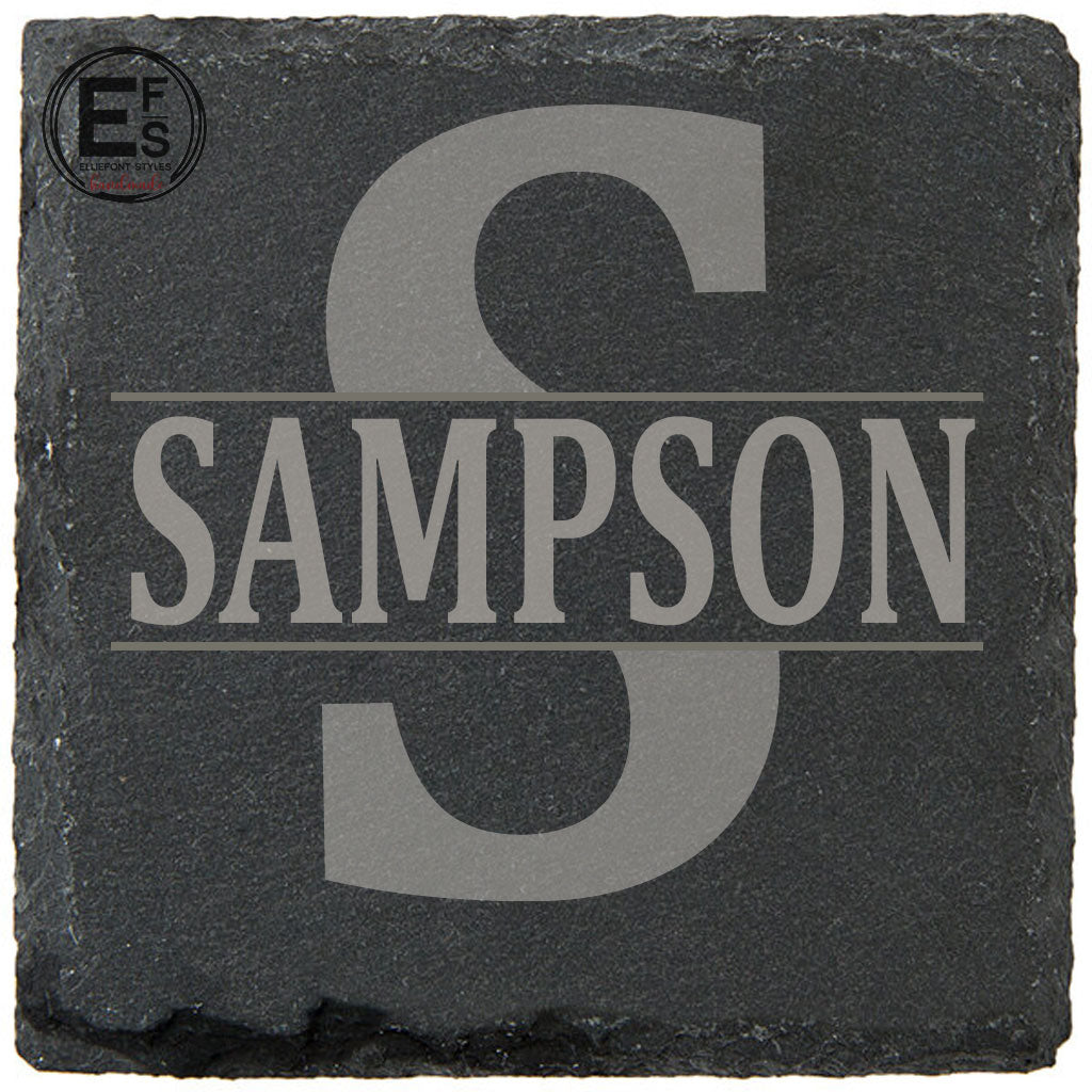 Handcrafted personalized slate coasters for bridal shower gift with split monogram engraving