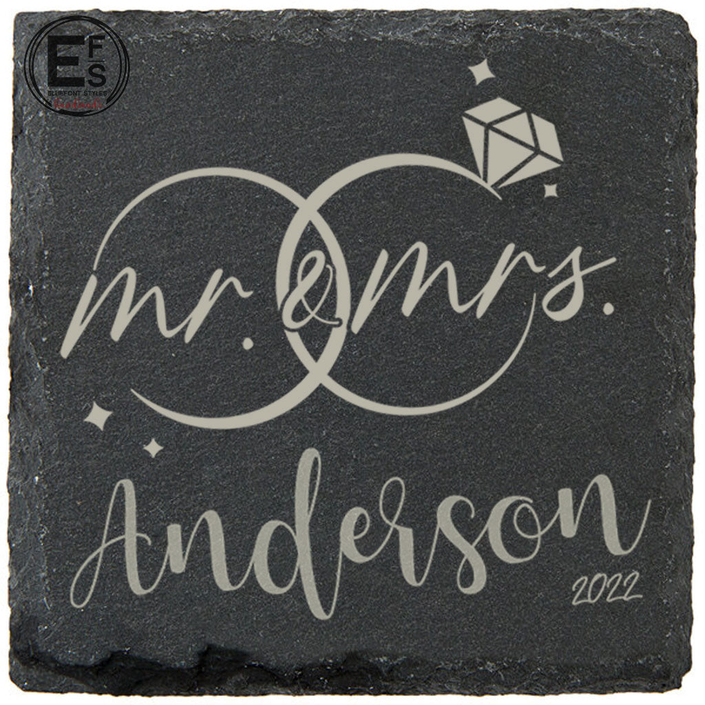 Handcrafted wedding gift slate coasters personalized with MR & MRS design and family last name