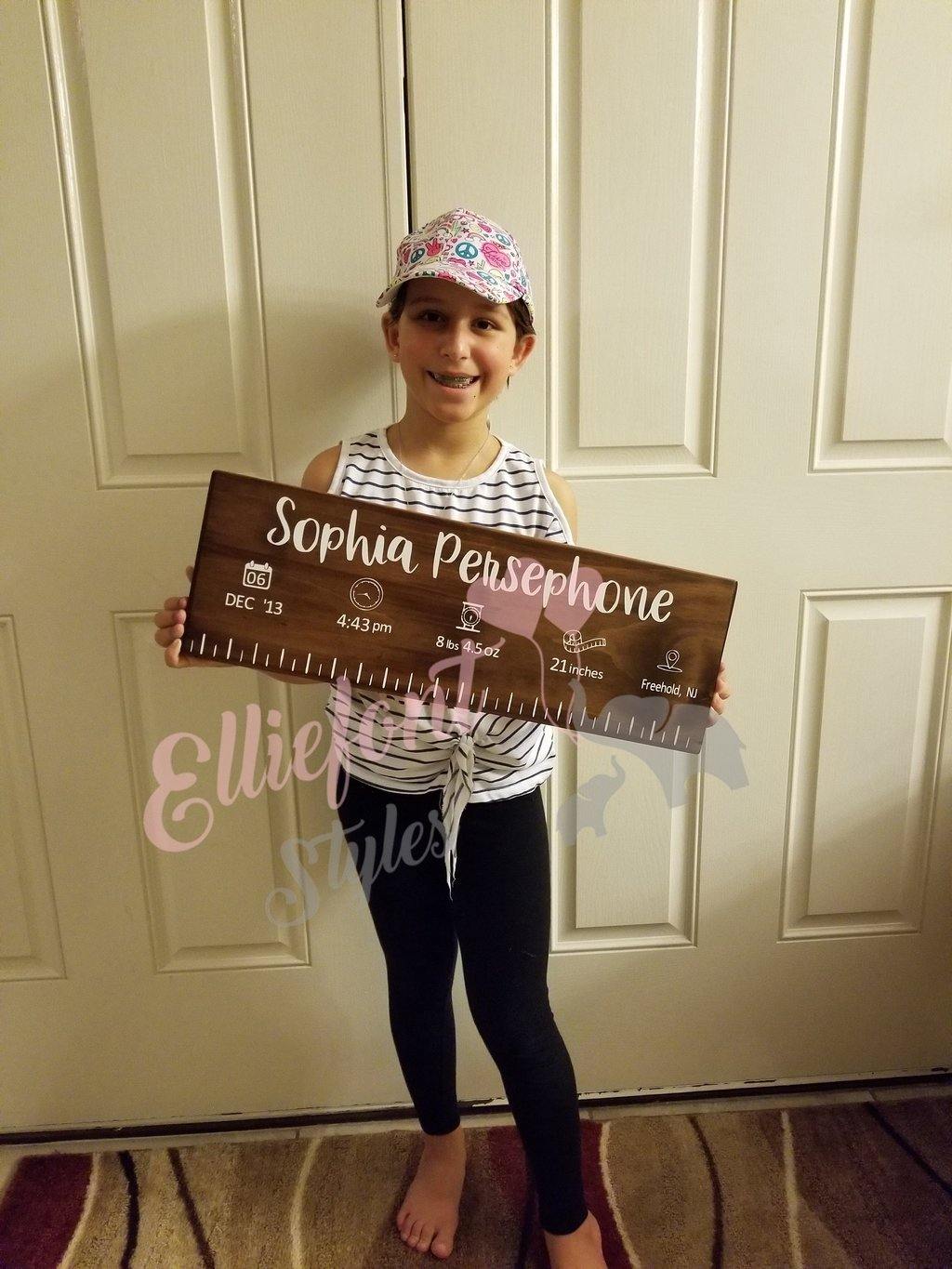Elegant heirloom wooden birth ruler sign for newborn keepsake