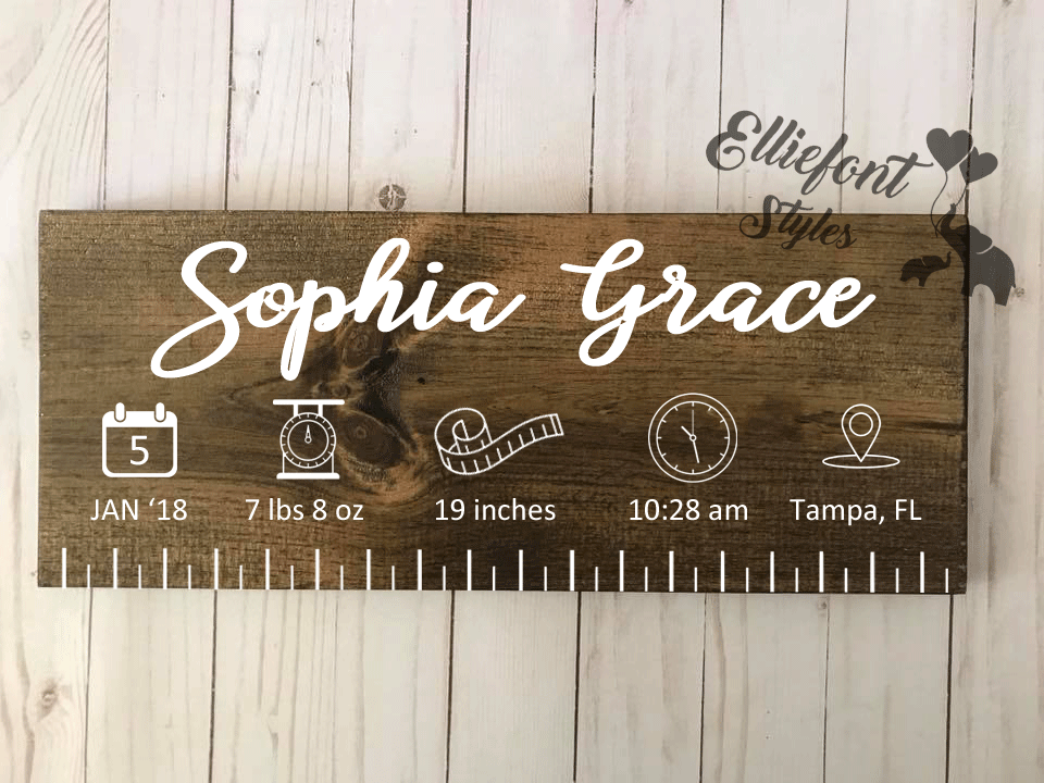 Timeless keepsake wooden ruler sign crafted with personalized baby stats