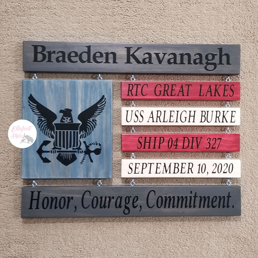 Wooden American flag Navy sign engraved with “Honor, Courage, Commitment” saying