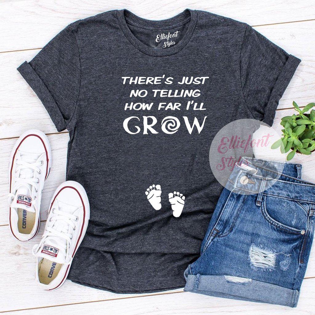 Maternity pregnancy reveal shirt with Moana-inspired words and baby feet