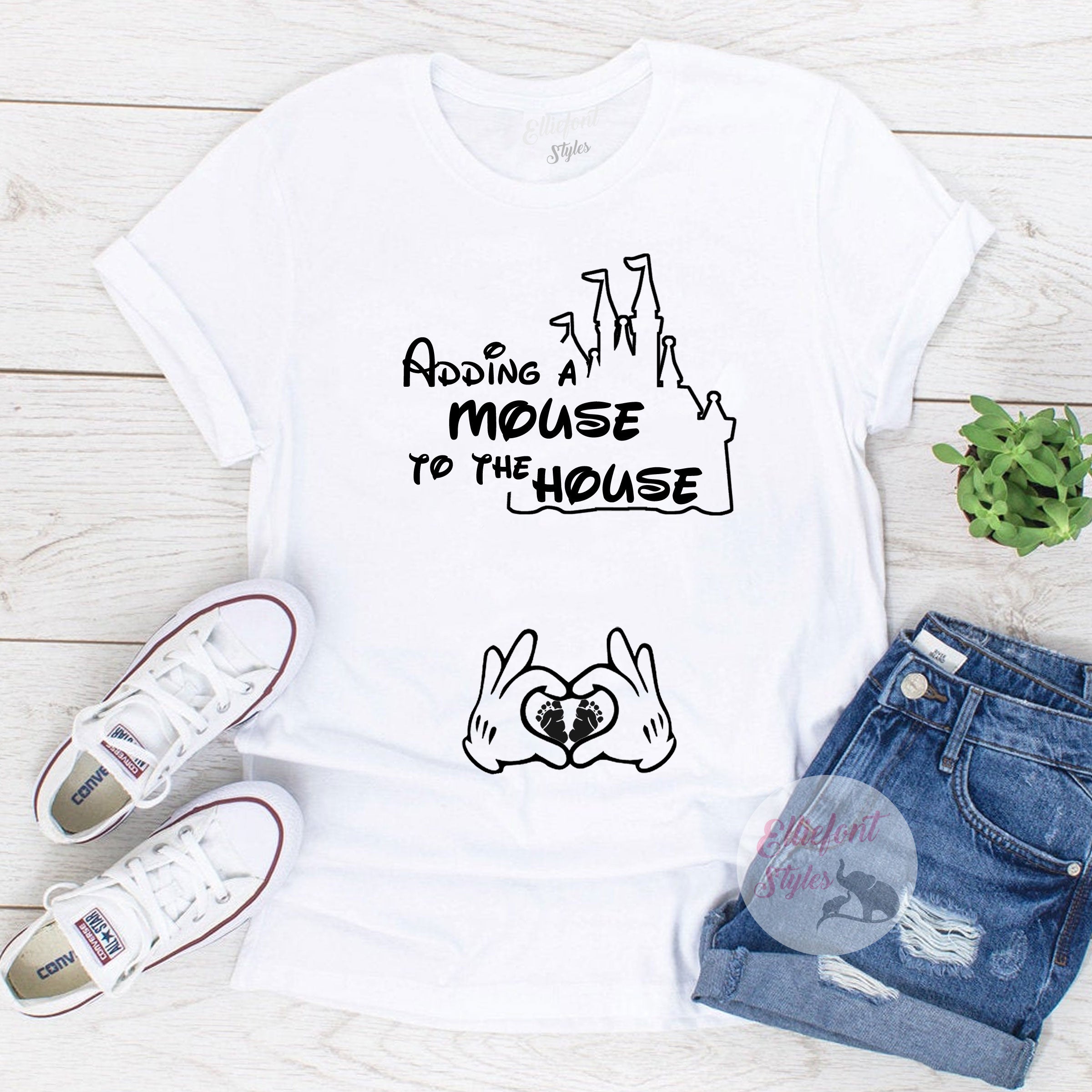 disney castle with moue hands holding feet pregnancy announcement shirt