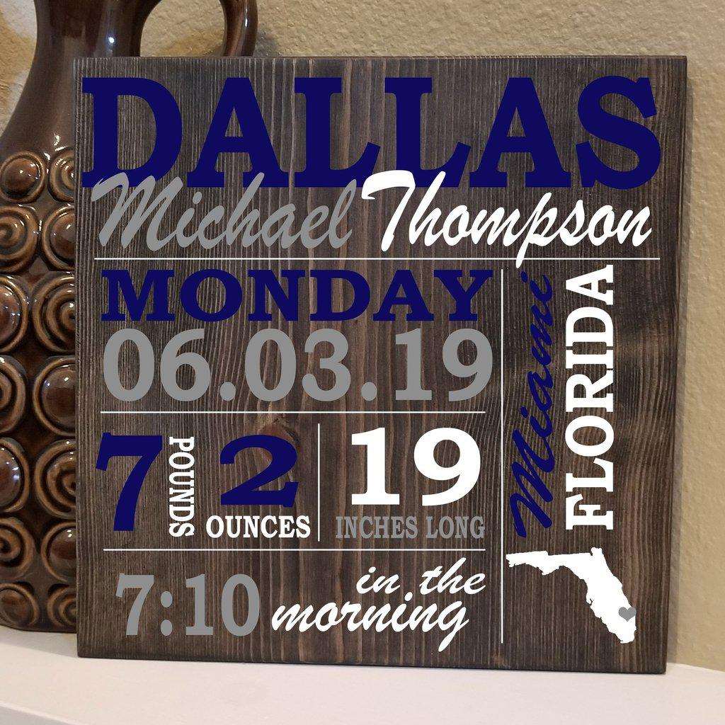 Wooden baby birth stats sign packaged as a thoughtful gift for new moms