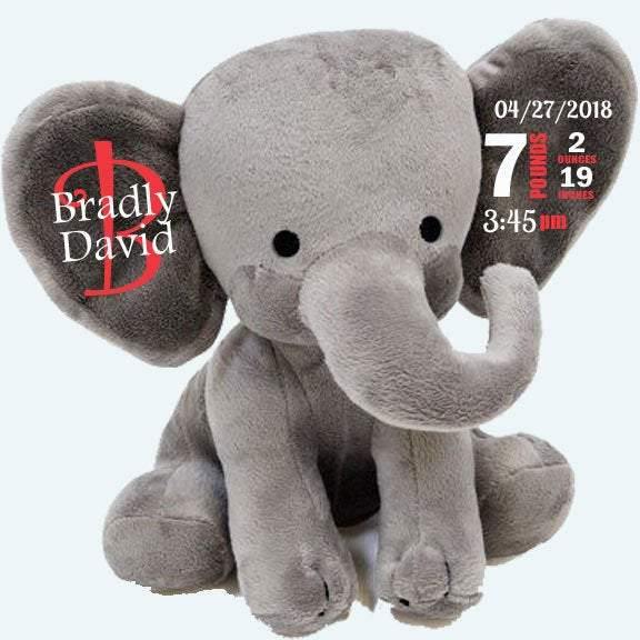 Custom gray elephant plush displayed as nursery décor keepsake