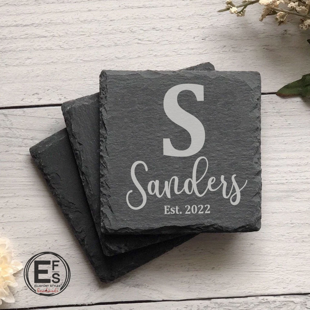 Personalized monogram slate coasters engraved with last name for wedding gift or anniversary present