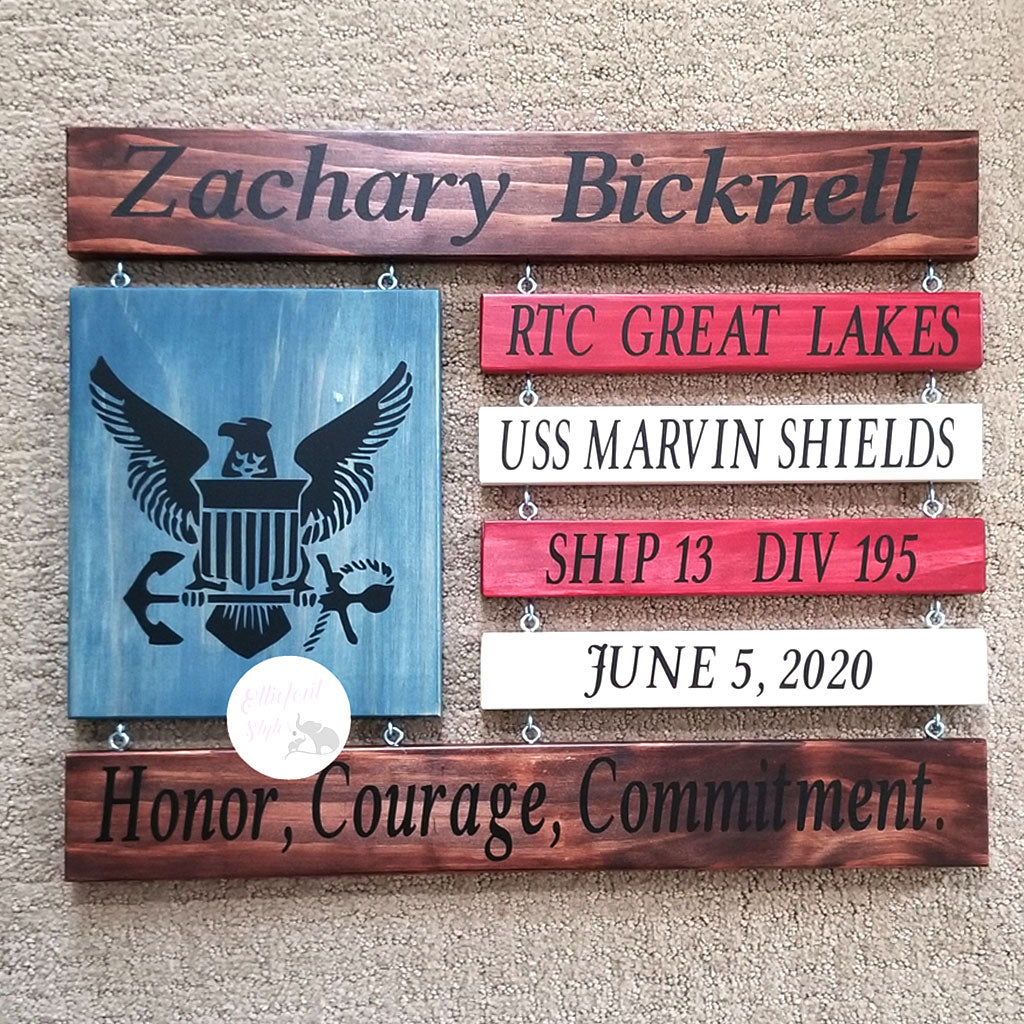 Custom Navy flag sign engraved with ship name, division number, and PIR date