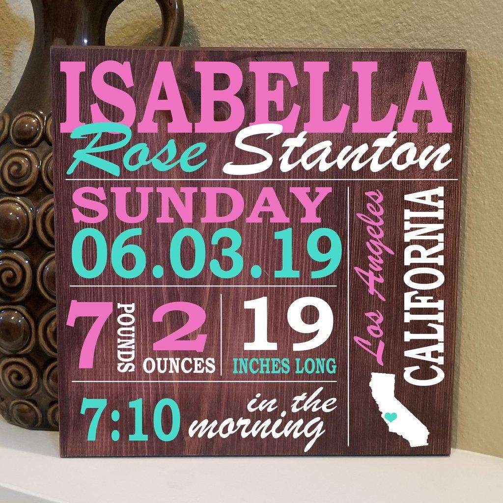 Personalized wooden baby birth stats sign engraved with name and birth details