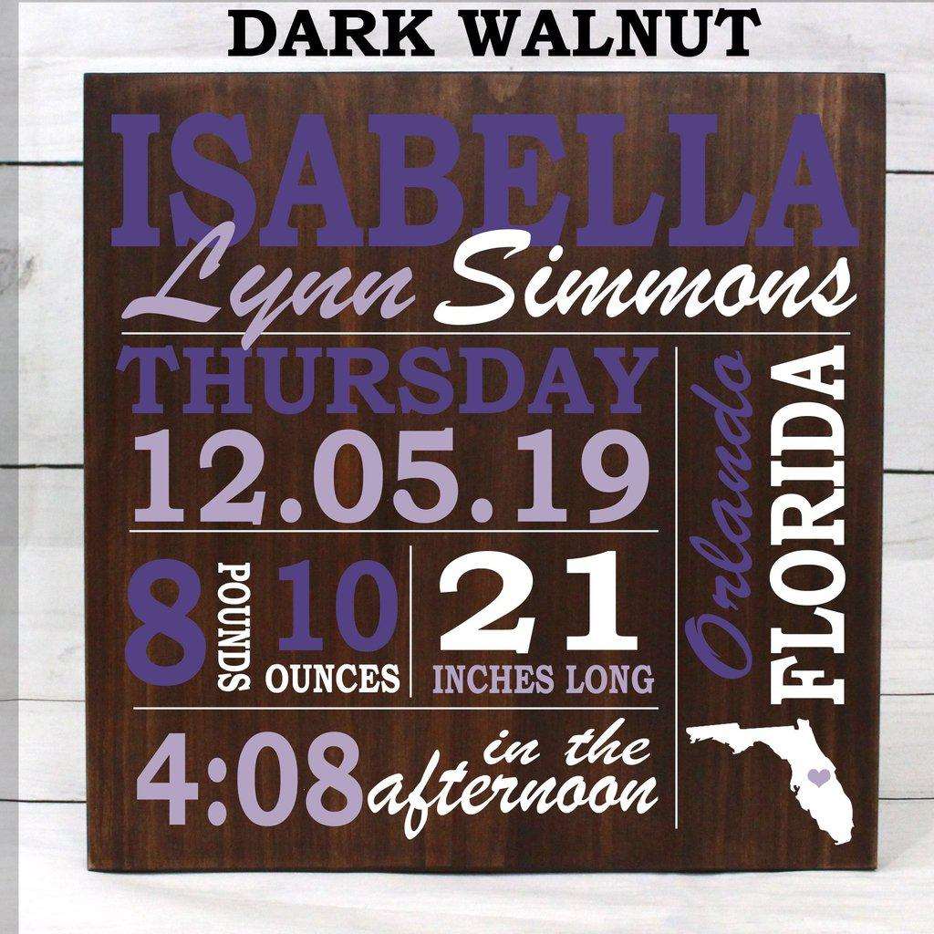 Rustic wooden baby birth stats sign engraved with full personalization