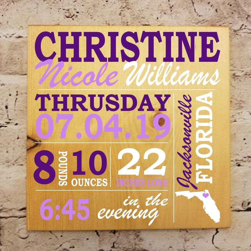 Rustic engraved wooden baby birth stats sign displayed in a nursery