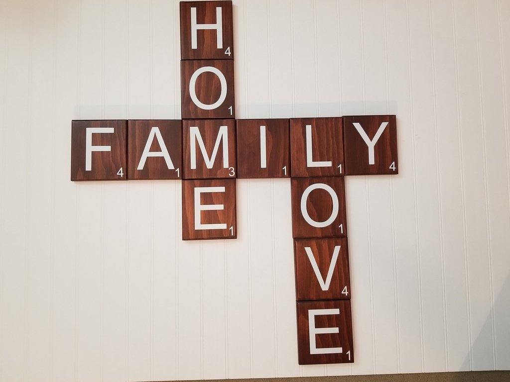 Solid oak Scrabble tiles with Home Family Love design for gallery walls.