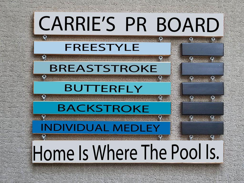 Custom swim PR board with rungs for freestyle, backstroke, breaststroke, butterfly, and IM