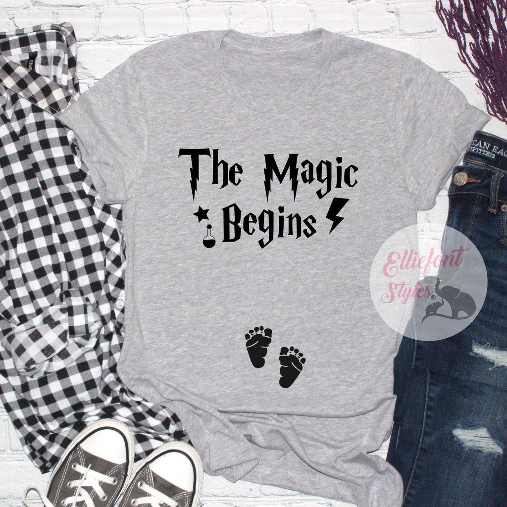 The Magic Begins maternity reveal shirt with magical theme for baby announcement