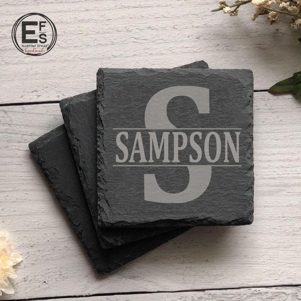 Unique wedding gift slate coasters personalized with split monogram and family last name