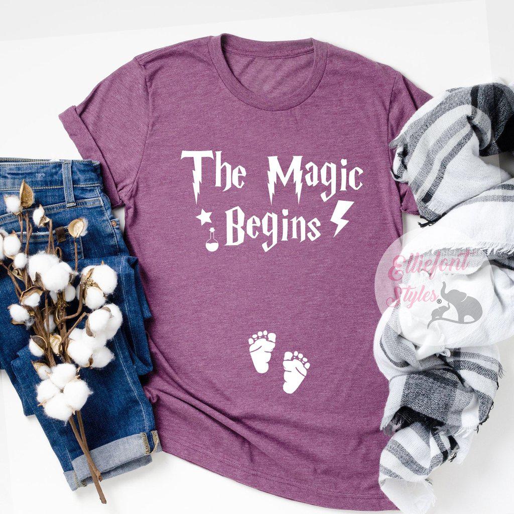 Wizard themed pregnancy announcement shirt with footprints and magical wording