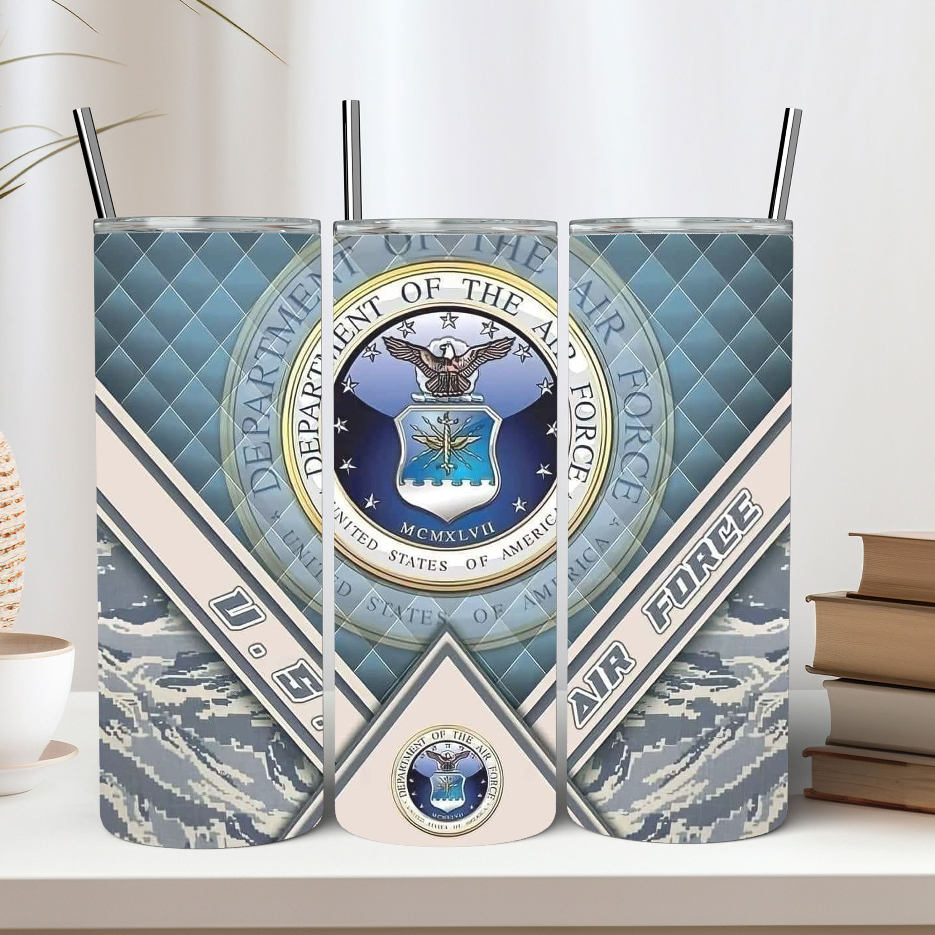 Skinny tumbler with Air Force logo, patriotic gift for service members and supporters