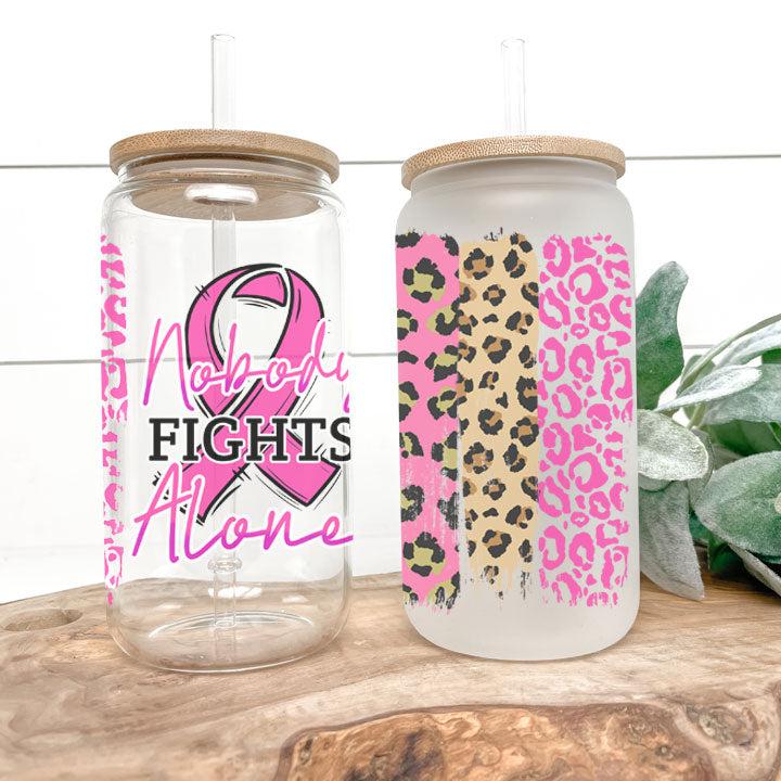 Reusable iced coffee tumbler with pink ribbon design, inspirational gift for breast cancer survivors and advocates.