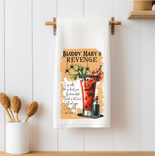 Bloody Mary’s Revenge Halloween cocktail recipe towel displayed in festive kitchen
