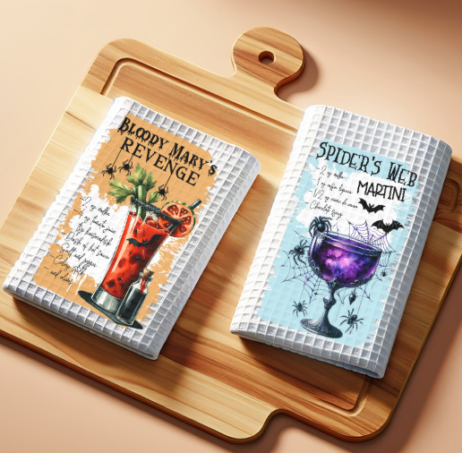 Set of Halloween cocktail recipe towels wrapped as a spooky hostess gift