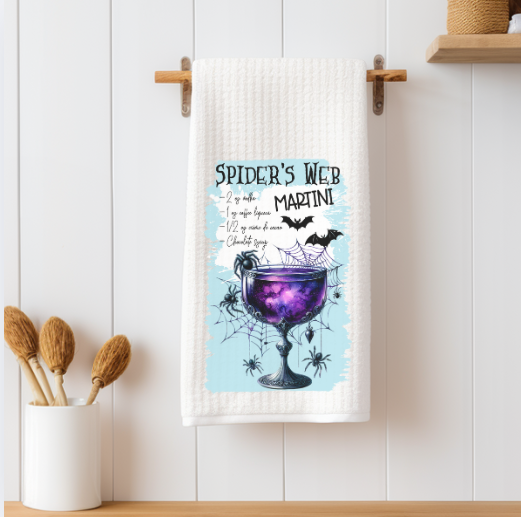 Halloween cocktail towel used as part of spooky housewarming gift and bar décor