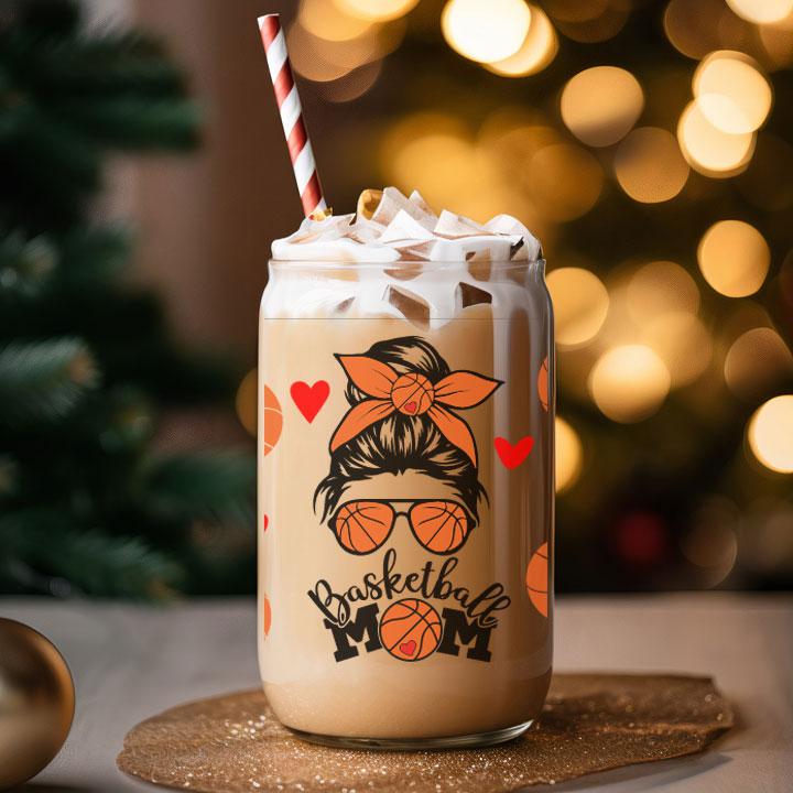 Side view of 16 oz tumbler showing “Basketball Mom” design, great gift idea for moms