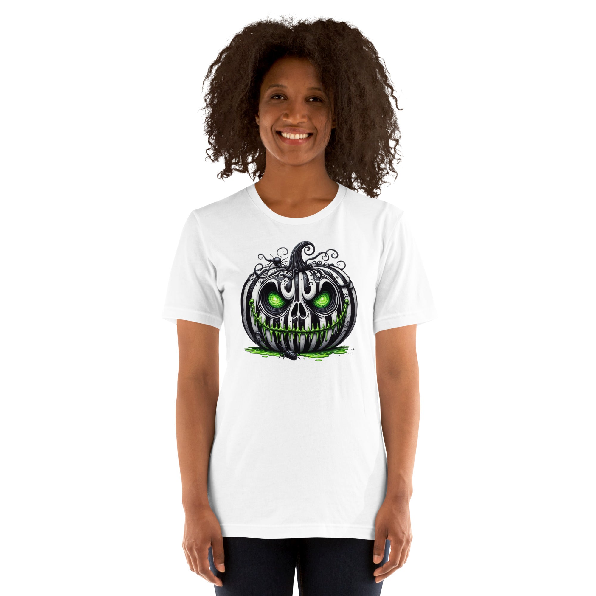 Beetlejuice vibe striped pumpkin shirt with bold Halloween style
