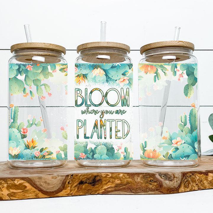 Libby Glass Can Tumbler with “Bloom Where You Are Planted” phrase and colorful flower garden design, inspirational gift idea.
