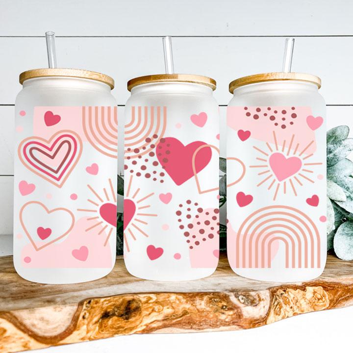 16 oz Libby Glass Can Tumbler featuring boho Valentine’s hearts, reusable iced coffee gift for friends or loved ones